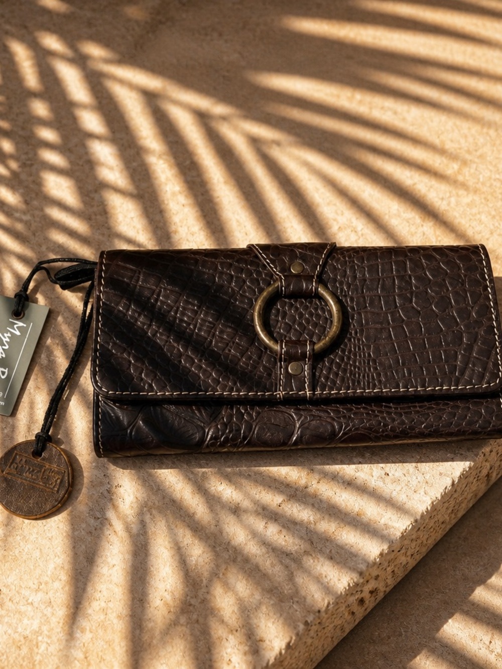 Myra Bag Dark Brown Croc-Embossed Leather Clutch with Brass Ring